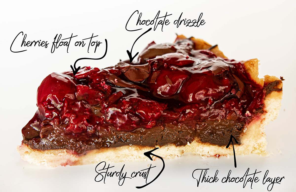 A cherry chocolate tart slice to show the layers of the sturdy (not soggy) crust, the dark chocolate, topped with cherries.