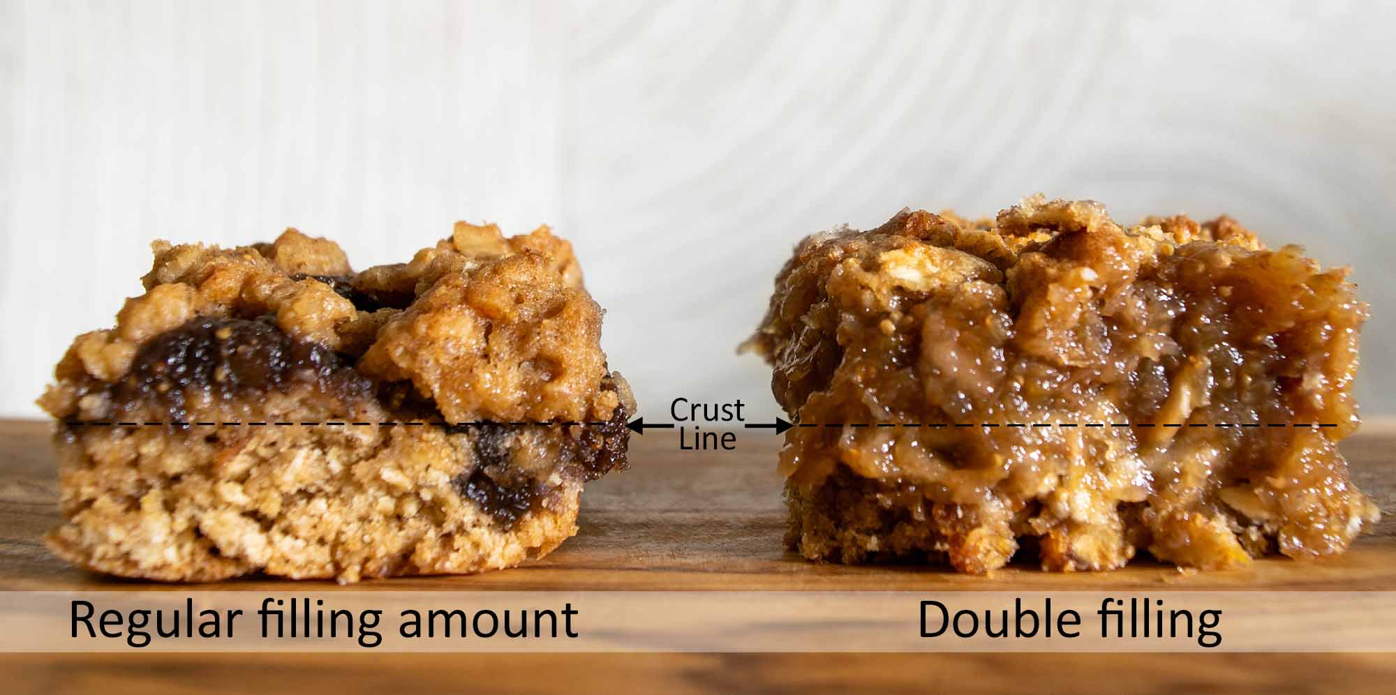 Two oatmeal fig bars. On the left shows regular fig filling, on the right is double the filling the soaked into the oatmeal crust.