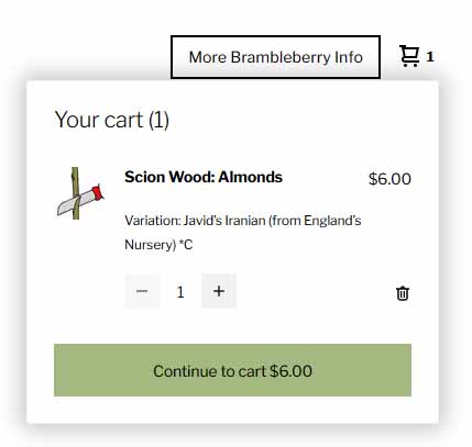 A checkout screenshot of buying Javid Iranian almond scions for grafting