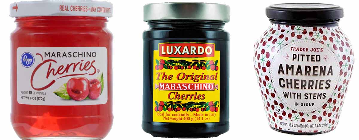 Types of maraschino cherries from the grocery store, Luxardo maraschino, and Trader Joes amarena cherries.