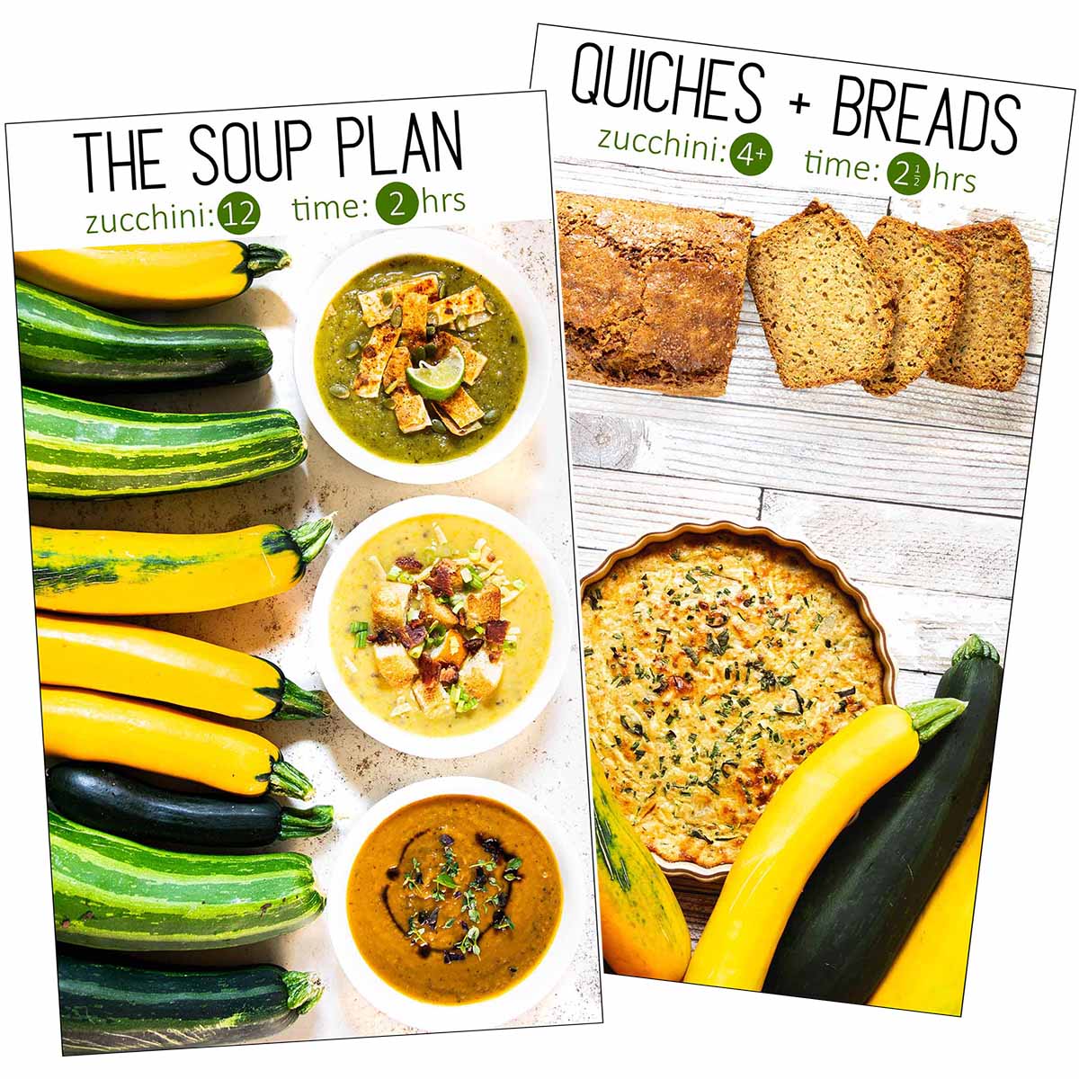 What to do with a lot of zucchini: make 3 soups in 2 hours, or make quiches and quick breads.