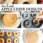 A step by step guide on how to make apple cider donuts. 1: Make the batter. 2: Fill the donut pans. 3: Bake and cool. 4: Mix sugar with spices. 5: Dip donut in butter. 6: Dip donut in cinnamon & sugar.