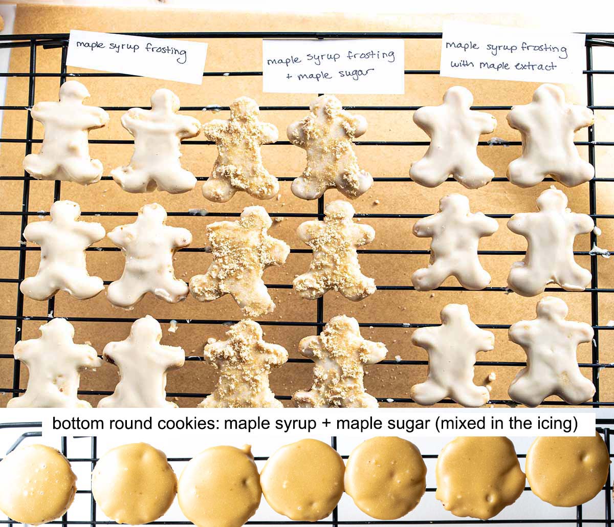 A recipe test for maple pecan shortbread cookies, testing out different doughs and icings.