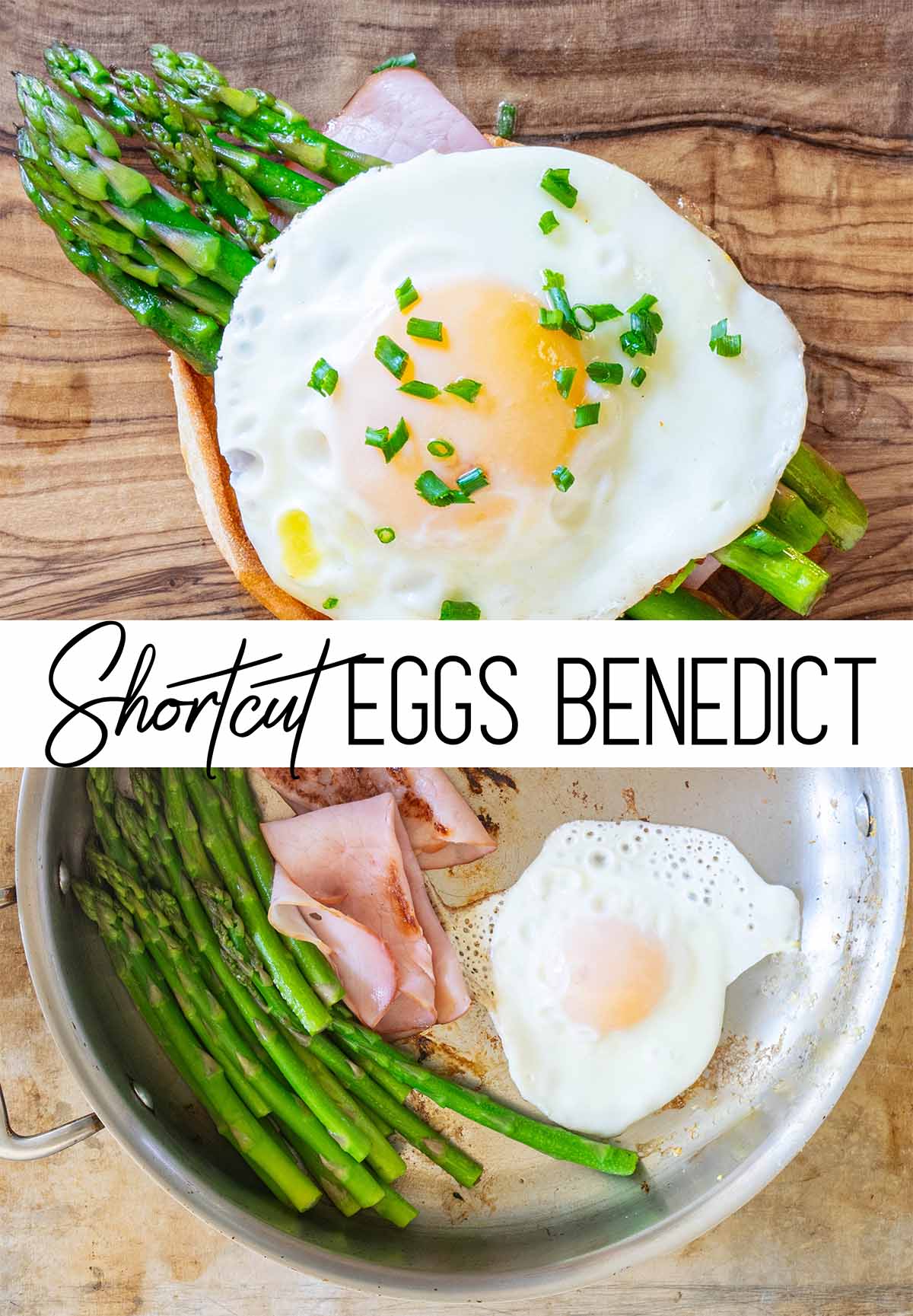Quick and easy eggs Benedict cooked in a pan with asparagus and ham