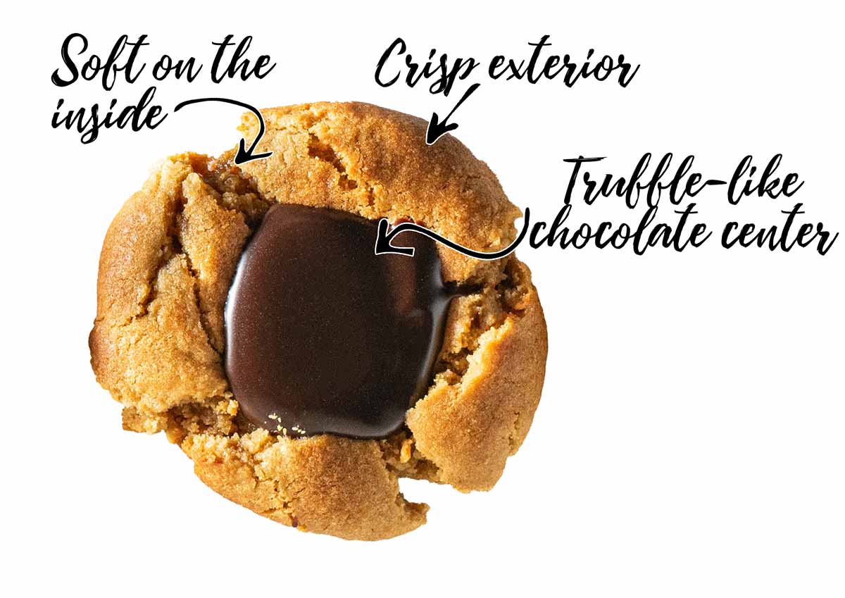 A large picture of a peanut butter blossom with text showing it's characteristics: soft on the inside, crisp exterior, and a truffle-like chocolate center.