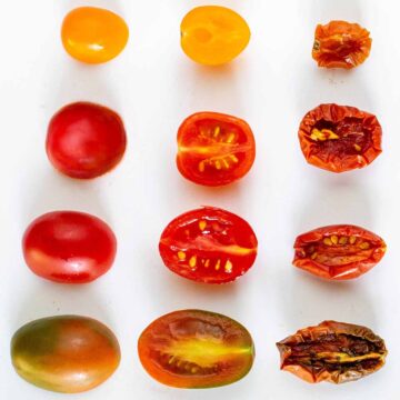 Comparing tomato varieties to find the best tomatoes for making sun-dried tomatoes. Showing before and after dehydrating: Sungold, Principe Borghese, Juliet, and Evil Olive.