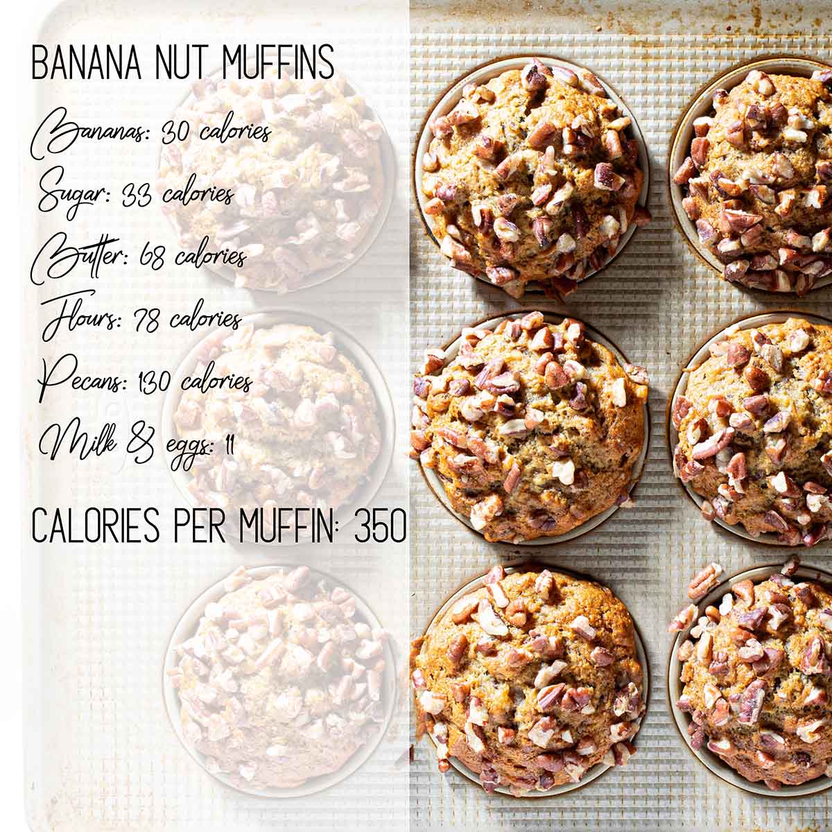 Banana nut muffins with pecans: calories & nutrition. 350 calories per muffin. Bananas: 30 calories, sugar: 33 calories, butter: 68 calories, flour: 78 calories, pecans: 130 calories, milk & eggs: 11 calories.