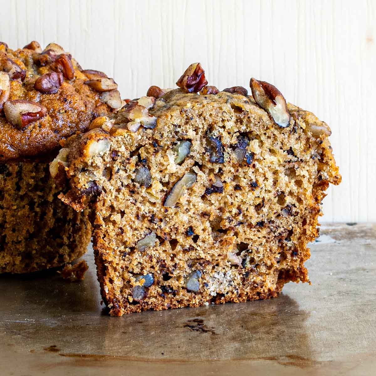 Banana pecan muffins texture with extra nuts