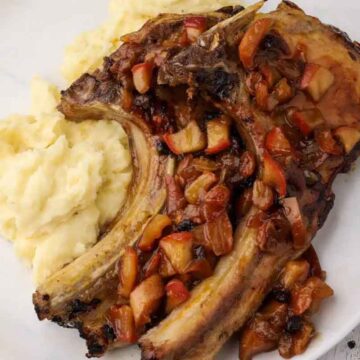 Honey glazed pork chops with apple chutney by Chef Giorgos Tsoulis, a great option for fall, Thanksgiving, or Friendsgiving.