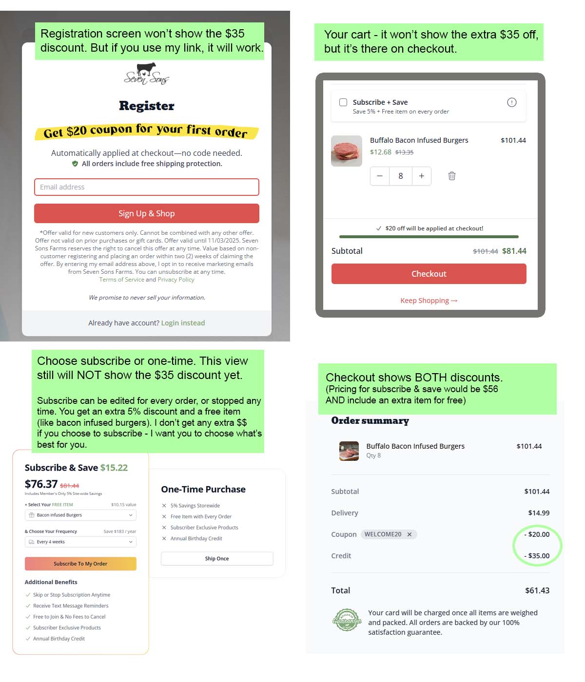 A checkout process for buying meat for Thanksgiving, including coupons