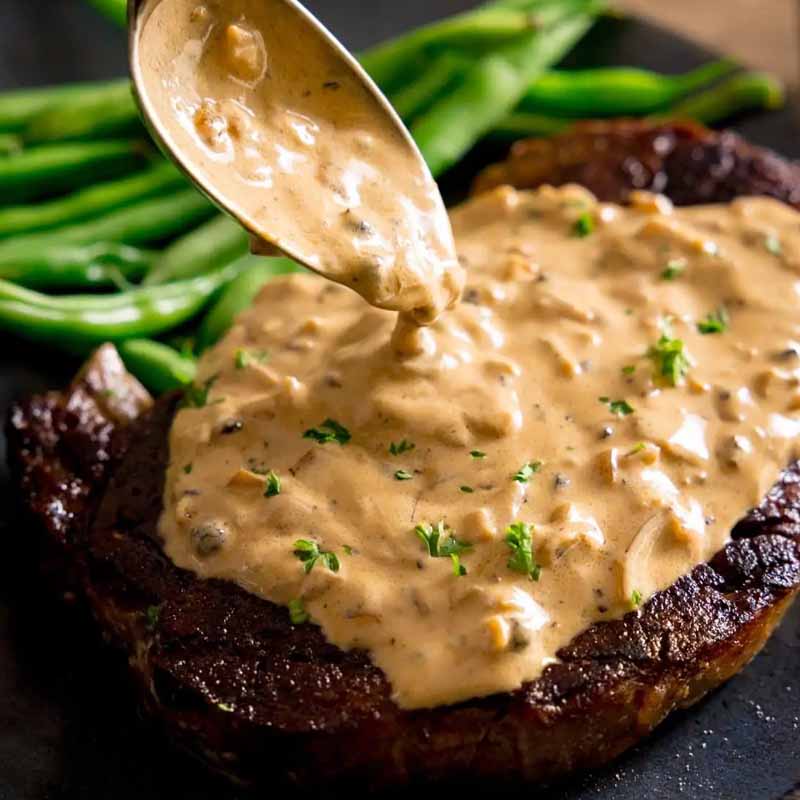 A steak covered in peppercorn gravy, from Kitchen Sanctuary.