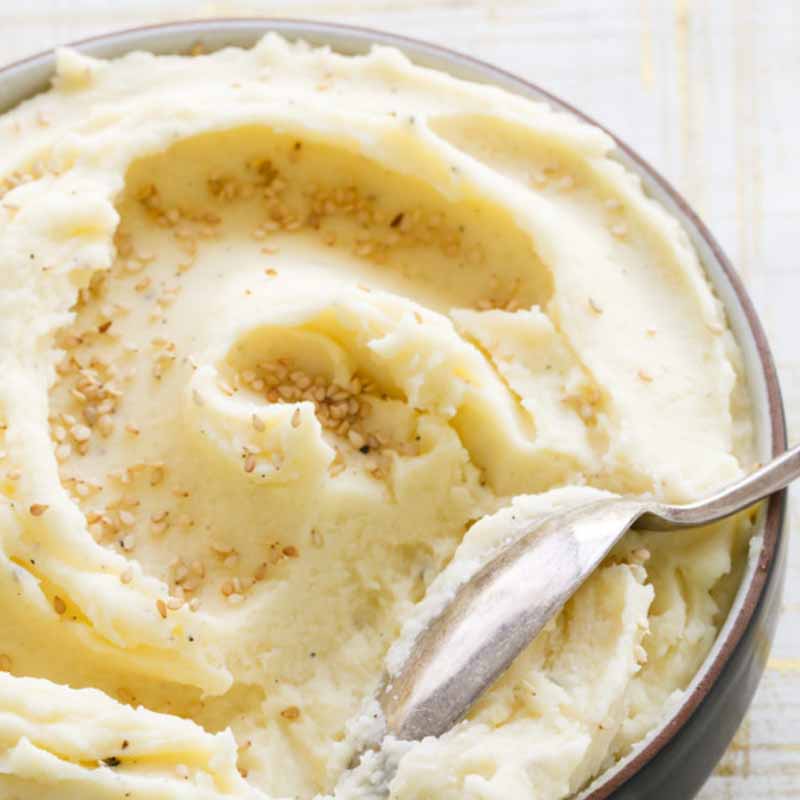 Toasted sesame mashed potatoes recipe made with sesame oil and topped with sesame seeds. By Love & Olive Oil