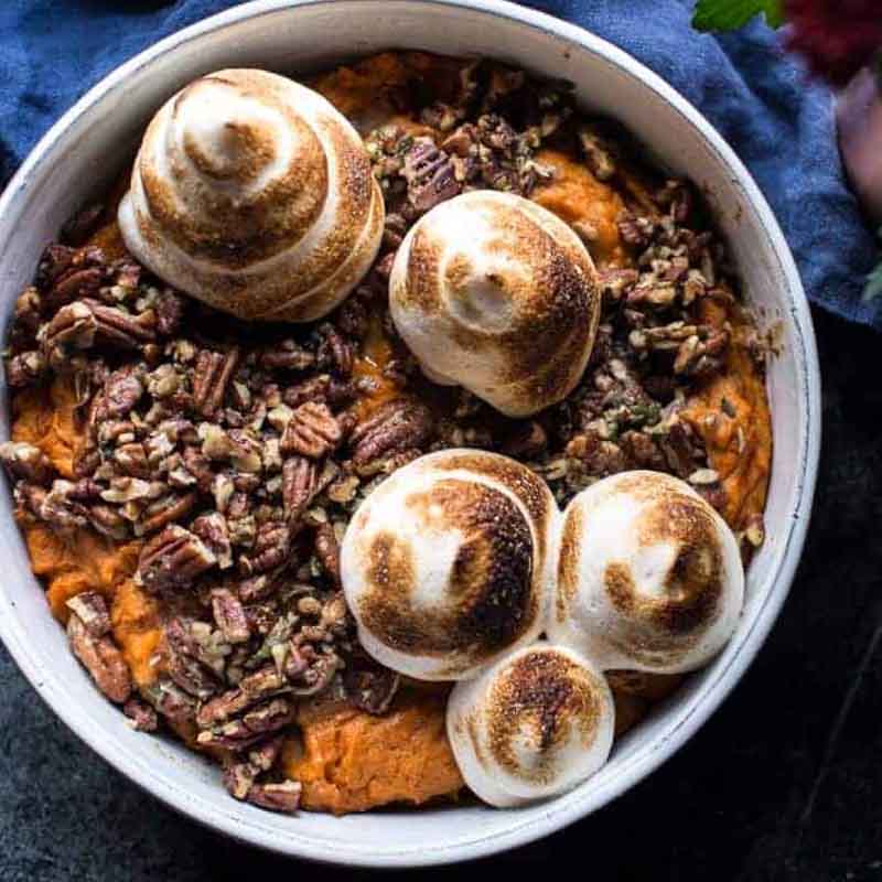Sweet potato casserole recipe with a fancy toasted maple marshmallow - a perfect recipe for a Friendsgiving twist.