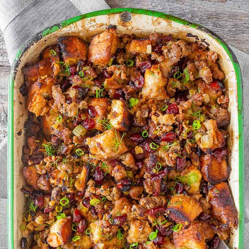 A casserole dish of Texas toast stuffing, recipe by Nutmeg Nanny