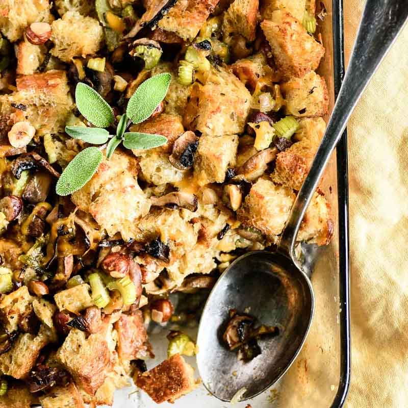 Wild mushroom stuffing with a spoon in focus. Recipe from The View from Great Island.