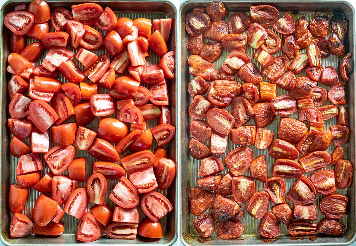 A tray of fresh tomatoes cut in half on the left, and roasted on the right for making pizza sauce