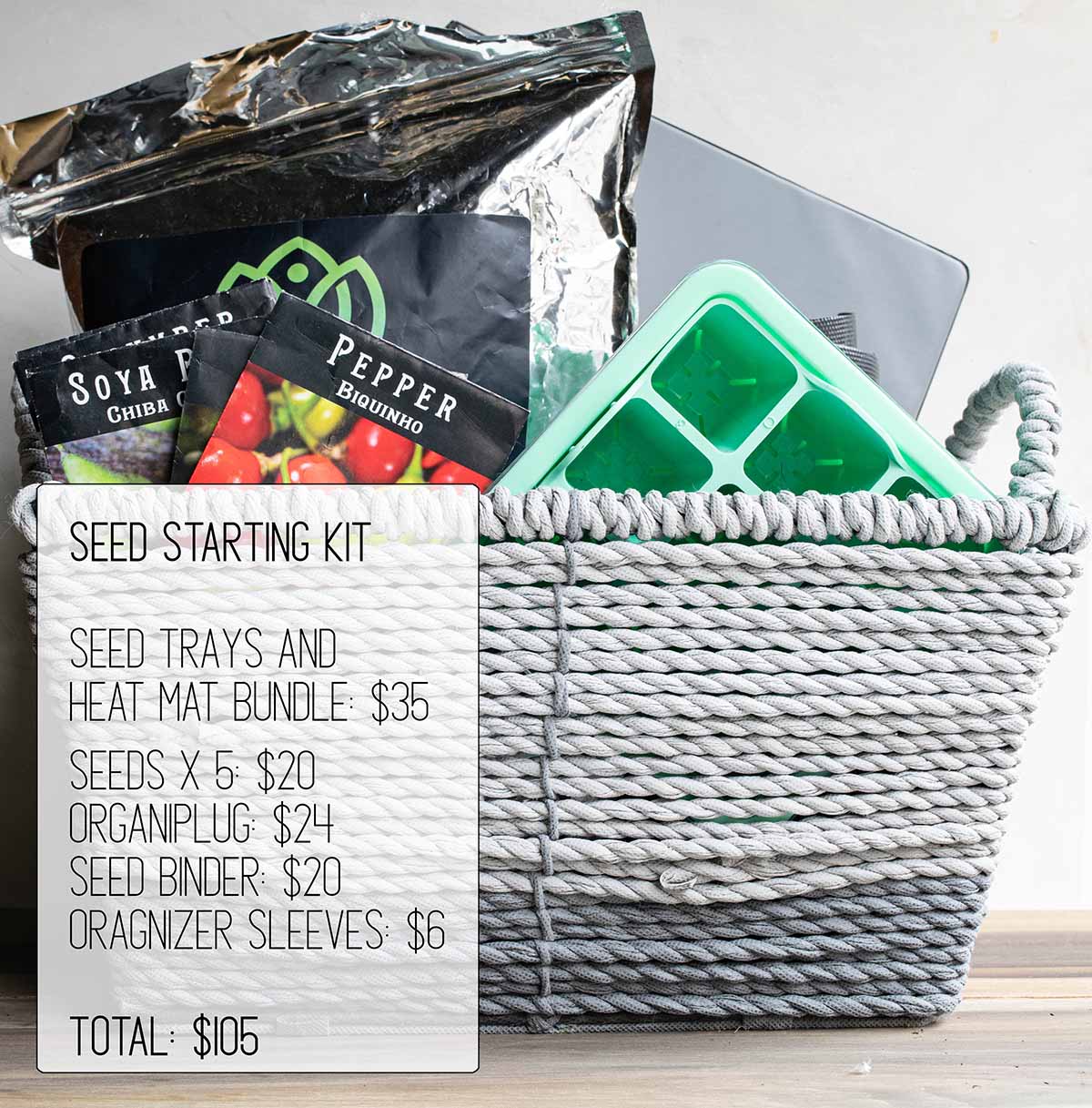 A basket stuffed with good gifts for a gardener woman, including a rope basket, seed starting trays, seeds, and an organizer.