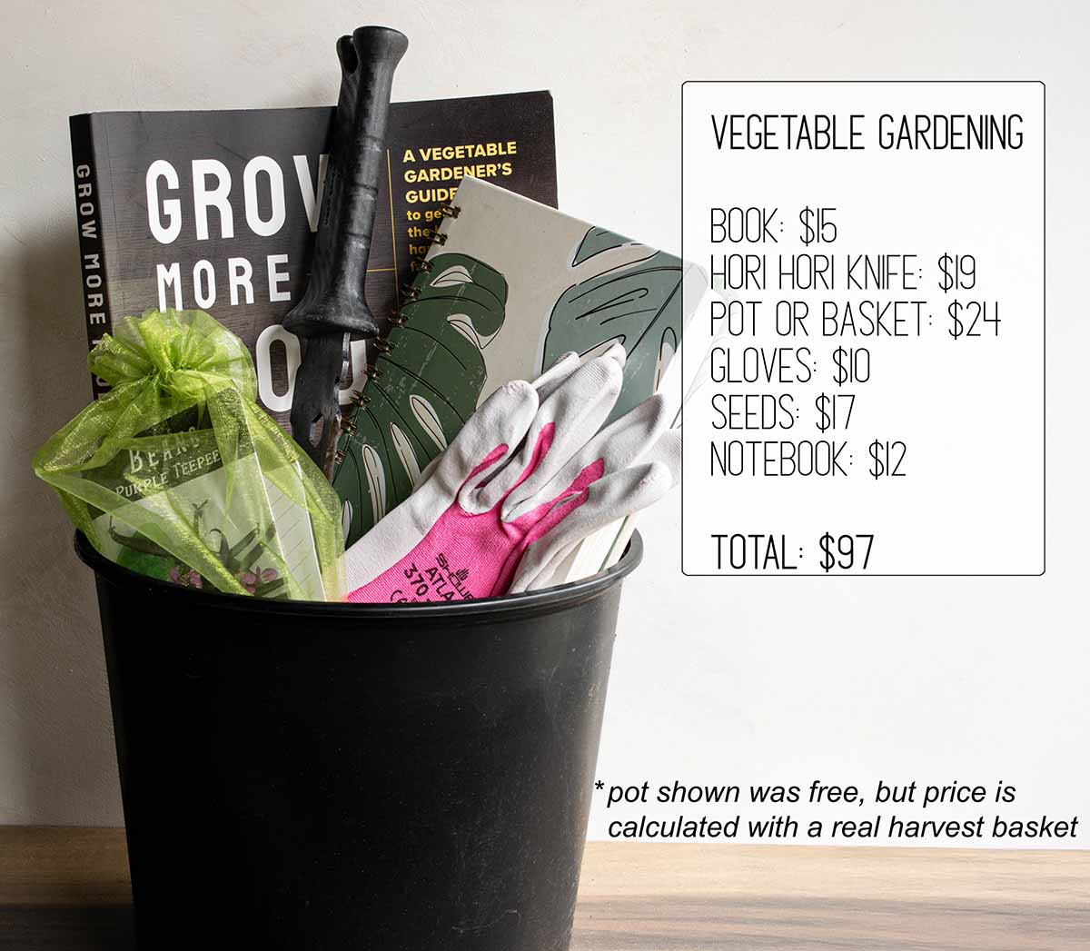Gift ideas for a vegetable gardener: a pot filled with a Grow More Food book, a hori hori knife, gardening gloves, vegetable seed packets, and a notebook.
