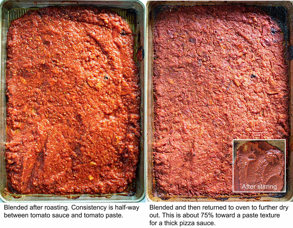 Homemade pizza sauce after roasting fresh tomatoes. On the left is a version that's blended and on the right is a version that was blended and then returned to the oven to further dry out.
