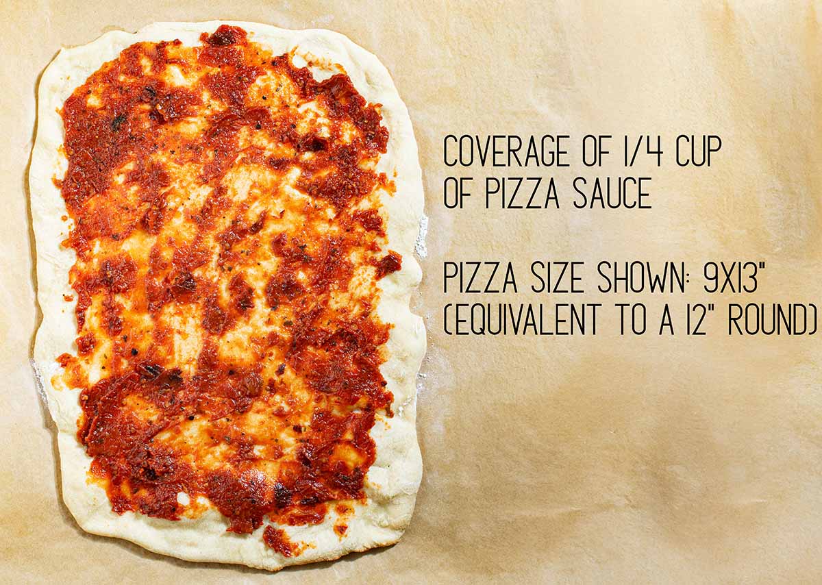 A crust topped with homemade pizza sauce from fresh tomatoes to show the coverage of ¼ cup of sauce on a 9x13 pizza (equivalent to a 12" round pizza).