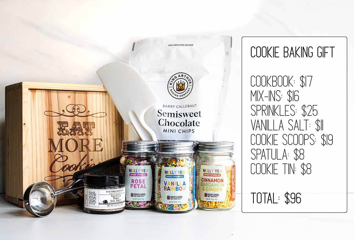 The best baker gift: the ultimate cookie kit includes sprinkles, chocolate chips, vanilla sea salt, chocolate chips, a cookie scoop, and a spatula.