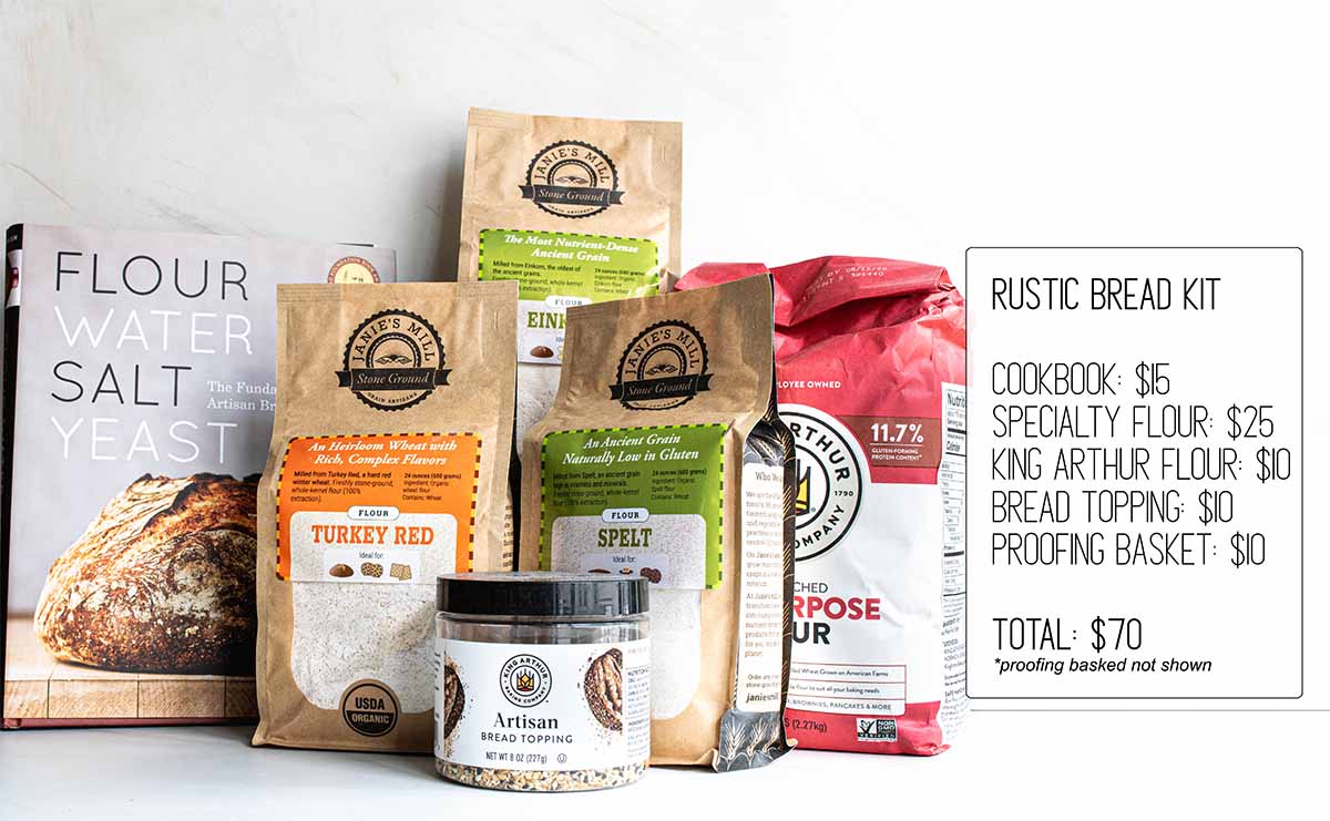 A gift idea for bread bakers who love rustic and artisan breads. The gift includes a cookbook, specialty flours, artisan bread topping.