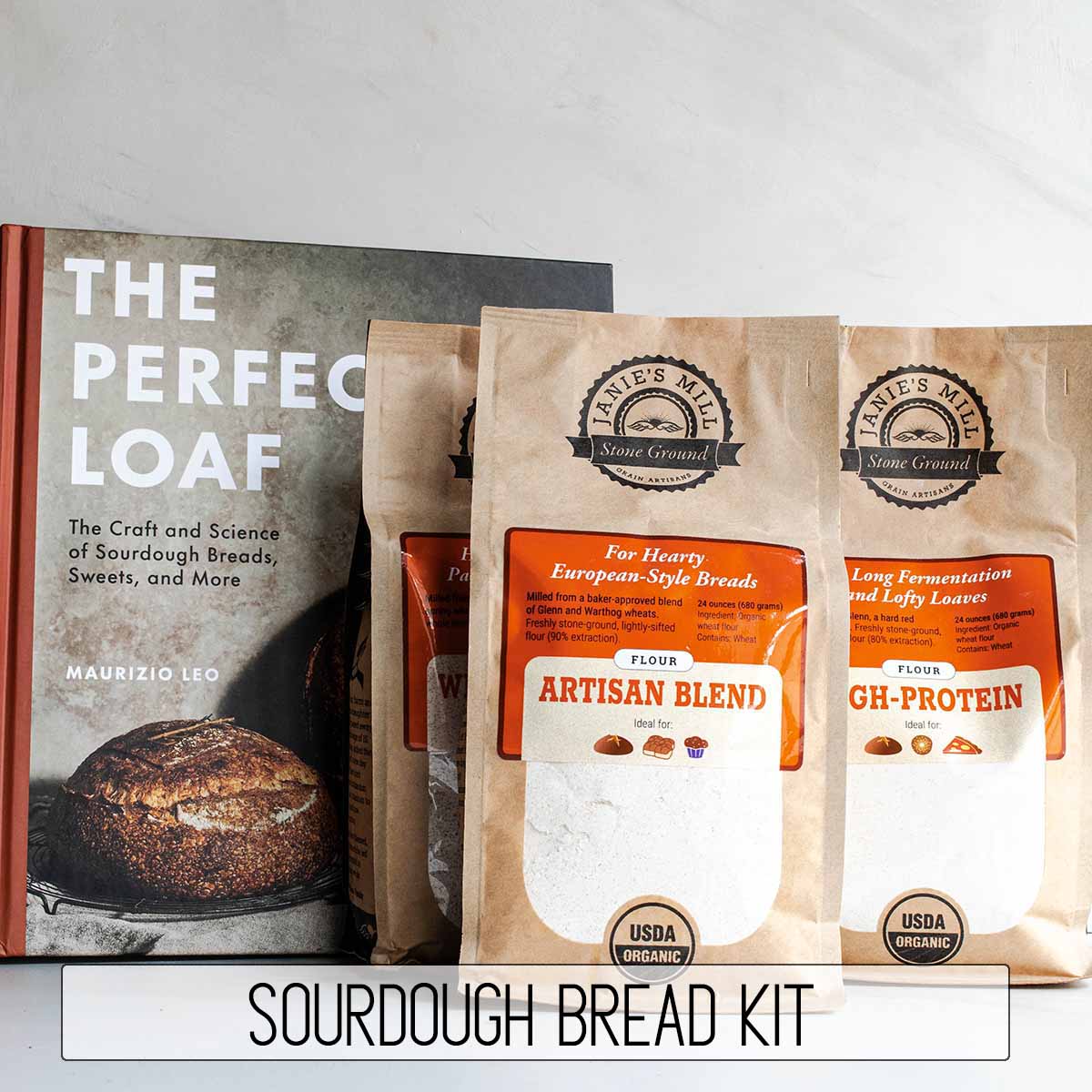 A gift for bread bakers: a kit to make sourdough bread including a cookbook and artisan flours.