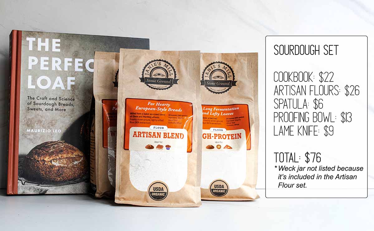 A gift for bread bakers: a kit to make sourdough bread including a cookbook and artisan flours.