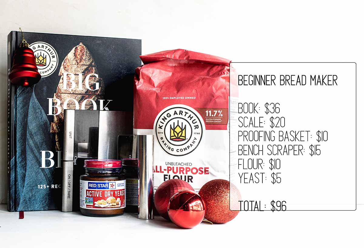 A bread baking gift idea: Kt includes a cookbook, flour, yeast, a bench scraper, and a scale.