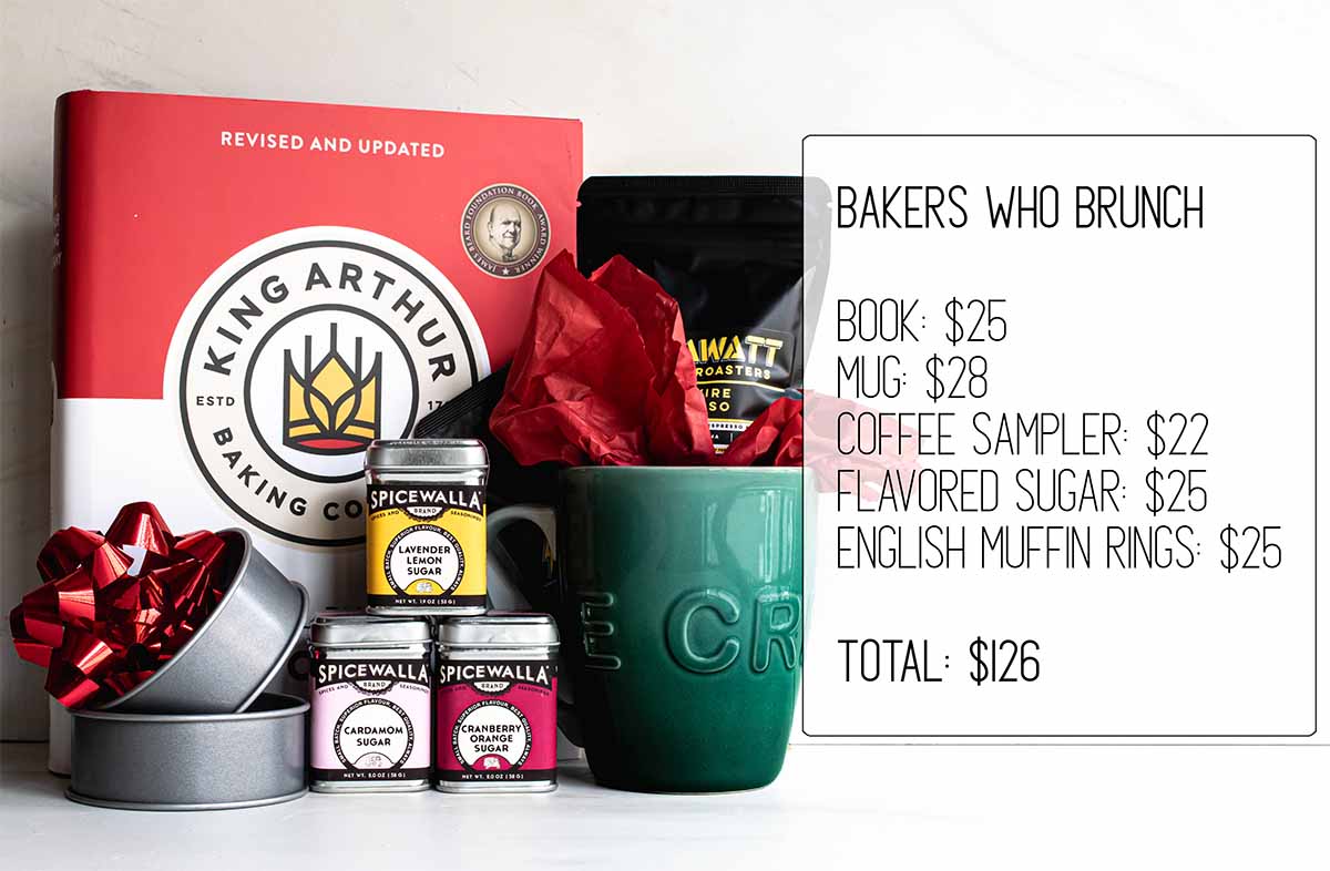 Several items combined to make good gifts for bakers, including a cookbook, flavored sugars, English Muffin rings, a large mug, and specialty coffee.