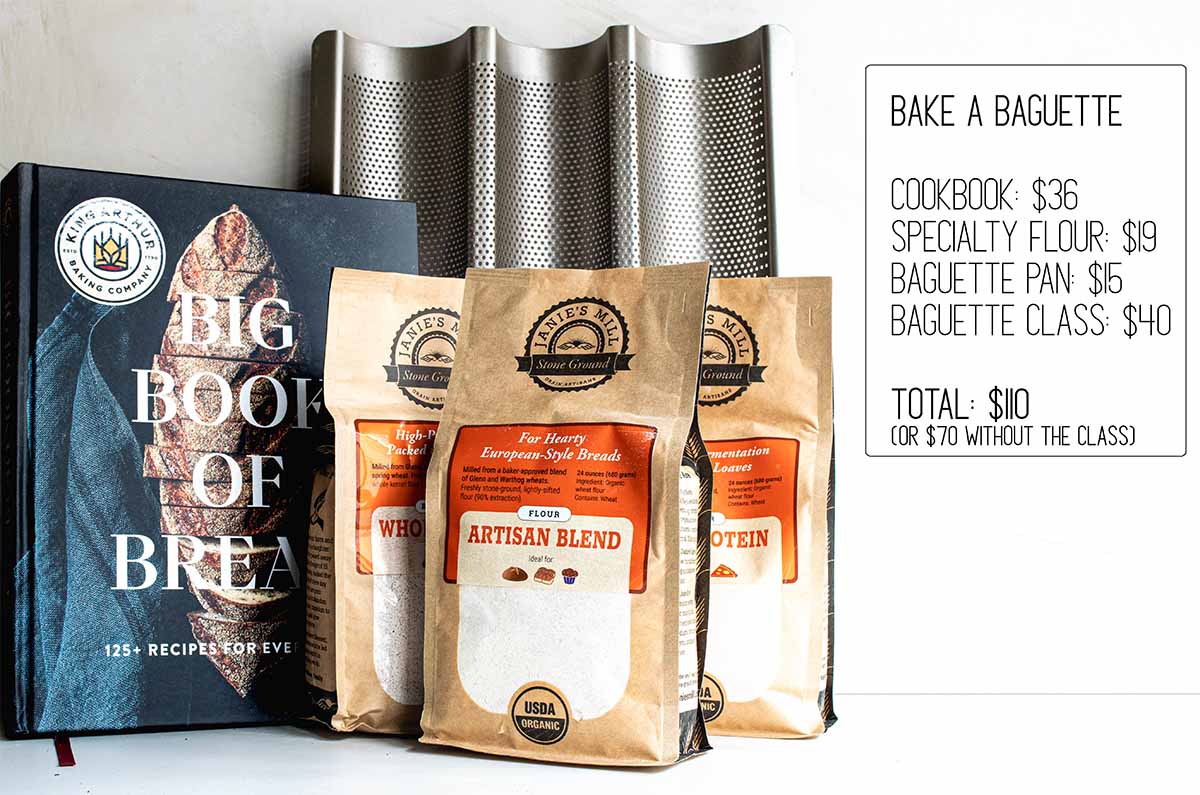 A gift kit for a baker who has everything: a specialty cookbook, pan, and flours to make baguettes.
