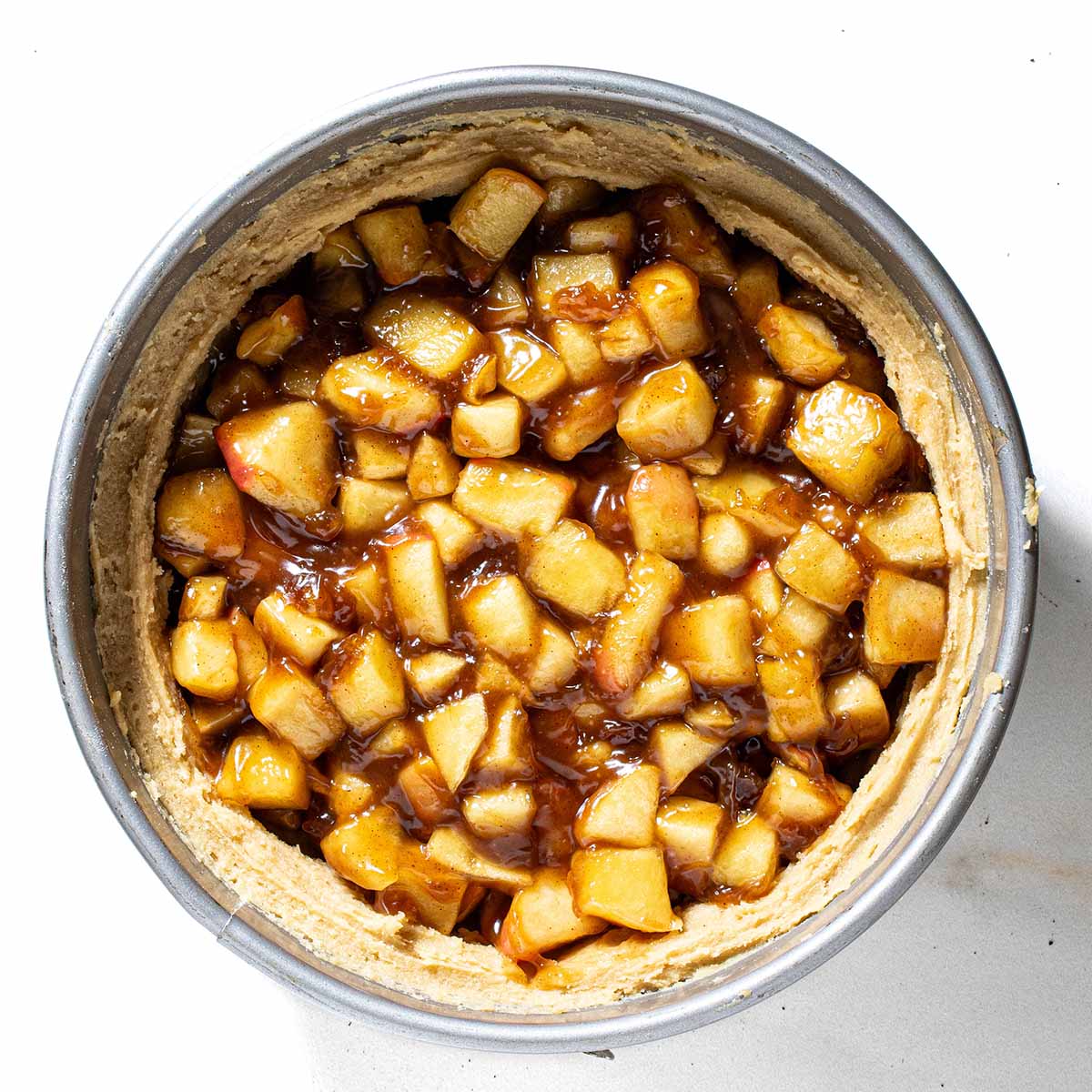 Precooked Dutch apple pie filling before it's baked