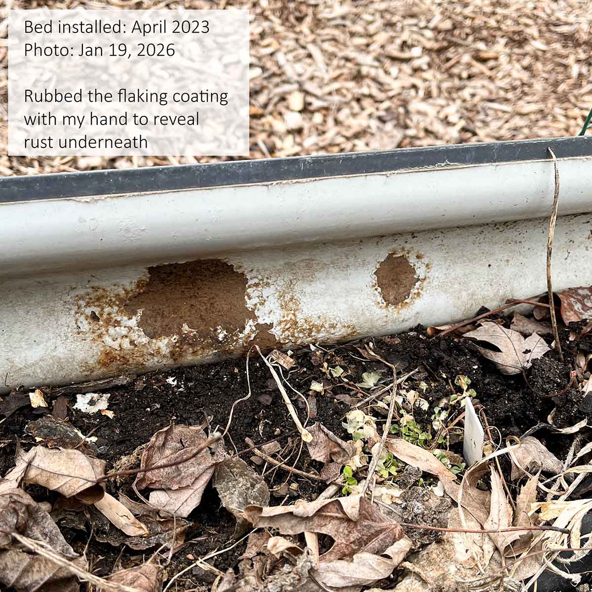 A Vego Garden raised metal garden bed showing rust at the soil line