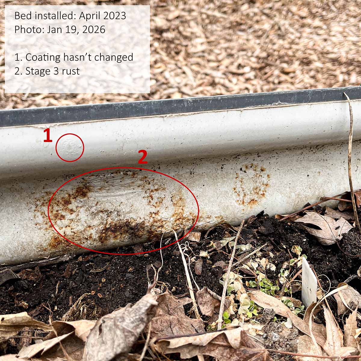 Closeup of a raised metal garden bed at the soil line to show the protective coating