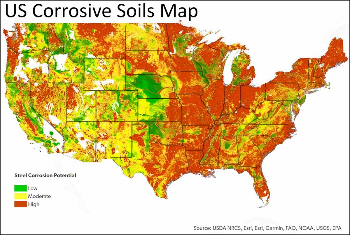 A map of the US with soil corrosion risk of steel