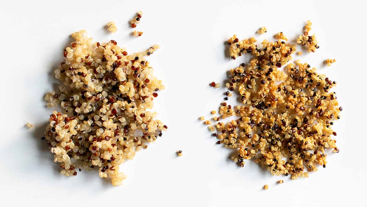 Cooked quinoa next to crispy quinoa after it's roasted to show the volume difference.