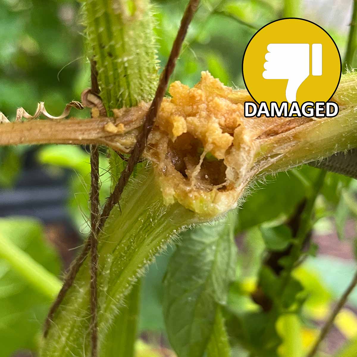 A damaged squash stem will be mushy and have frass with an open wound.