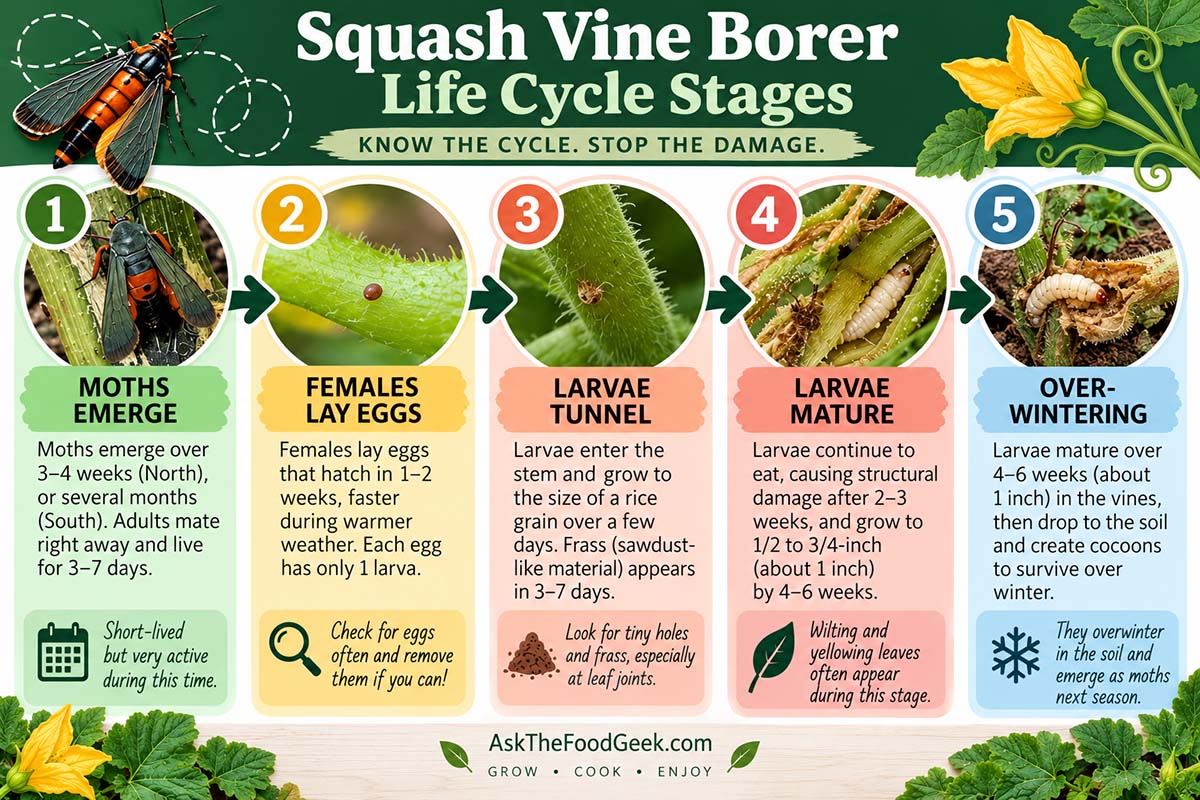 A chart of the squash vine borer life cycle. Adult moths emerge over 3-4 weeks and lay eggs that hatch over 1-2 weeks. Larva grow over 4-6 weeks and then drop to the soil to overwinter in cocoons. The infographic was generated with AI but the photos are my own originals from the garden.