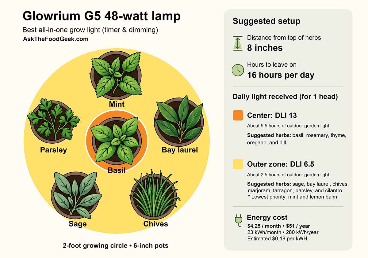 An infographic with the suggested setup for herbs under the Glowrium G5 48-watt lamp.