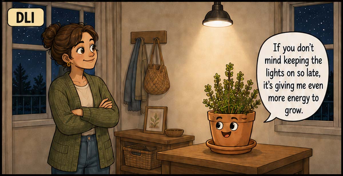 An illustration to explain DLI for plants under grow lights.