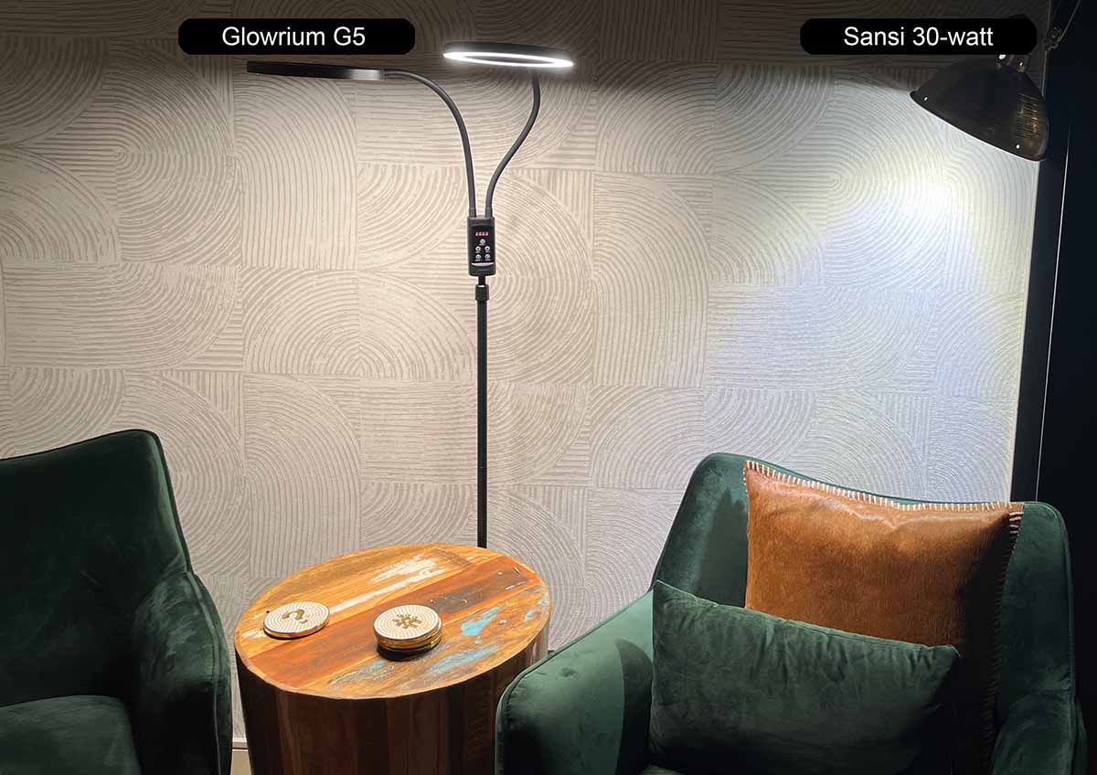 Comparing the a neutral white light to the Sansi 30-watt grow light bulb which is noticeably cooler.