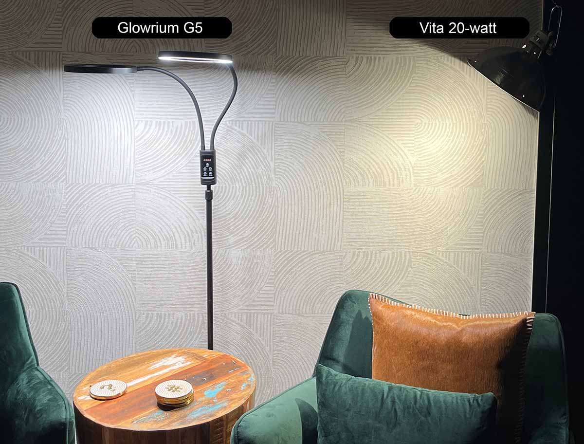 Comparing a neutral white grow light to the Soltech Vita grow light bulb's warm white color.