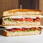 Chicken club sandwich with bacon and cheese (double decker, 3 pieces of bread).