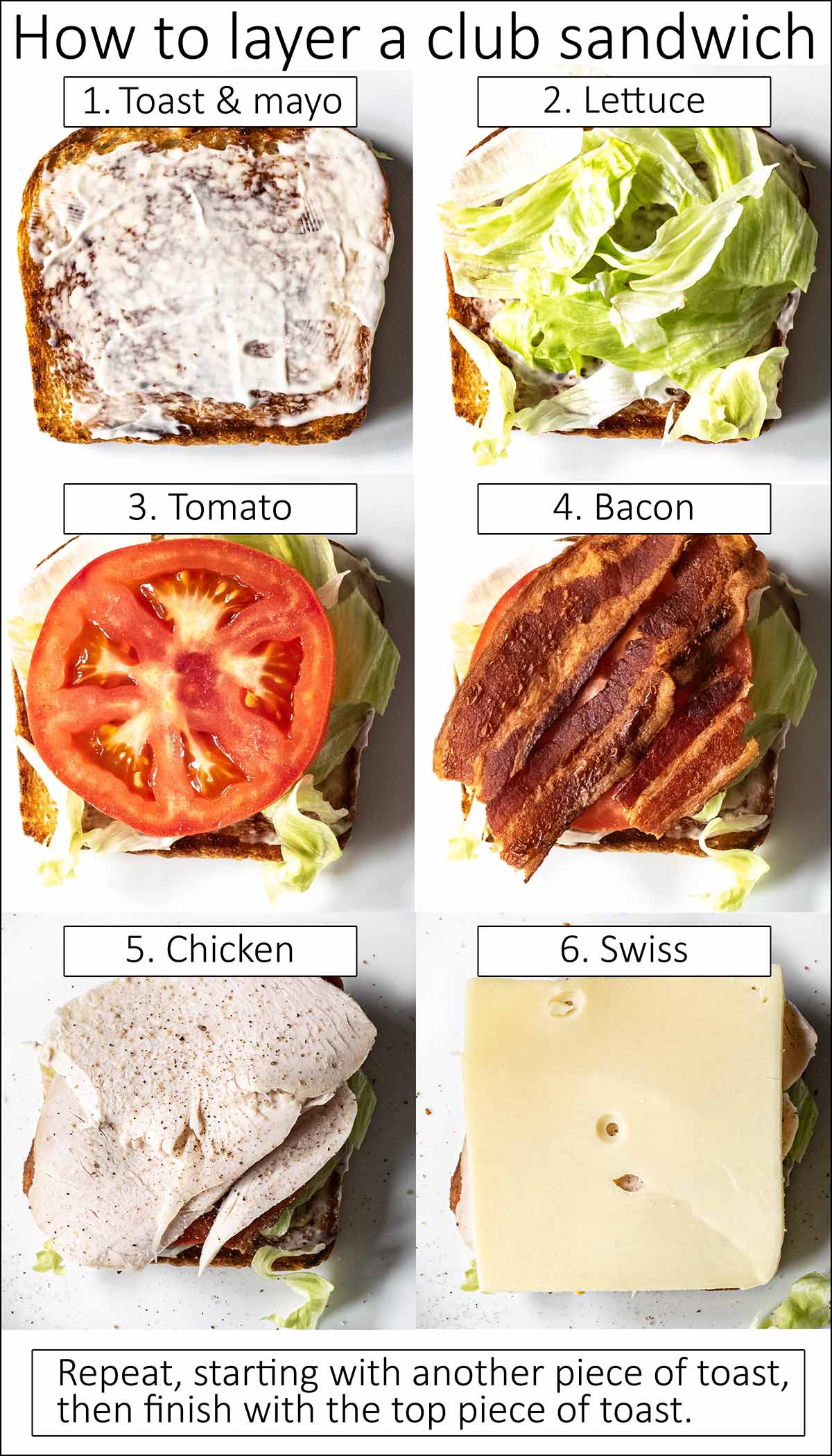 Chicken club sandwich layer order: toast, mayo, lettuce, tomato, bacon, chicken breast, cheese. Repeat with a second layer then place the final piece of toast on top.
