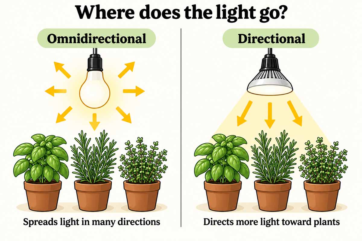 An infographic that shows how an omnidirectional bulb lights up all around it, whereas a directional grow light focuses the light down at the plants.