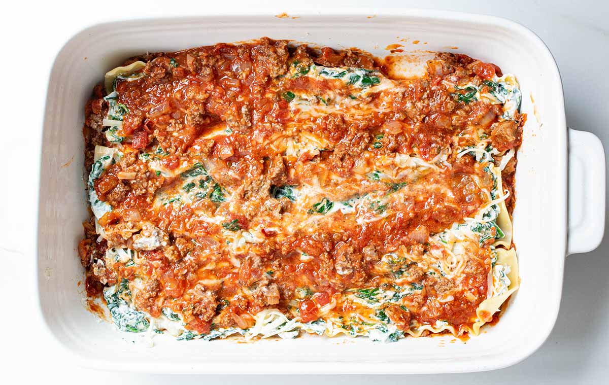 Lasagna layered with a homemade meat sauce.