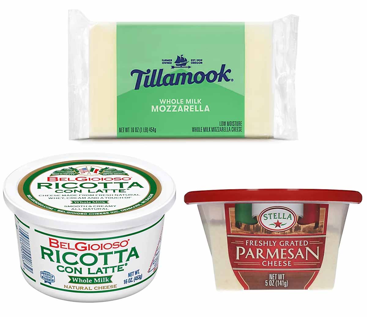 Whole milk mozzarella, whole milk ricotta, and fresh grated Parmesan.