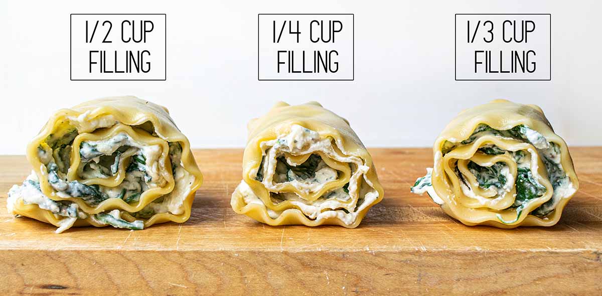 3 spinach lasagna roll ups with different amounts of the spinach ricotta filling: ½ cup is over stuffed, ¼ cup is understuffed, and ⅓ cup is just right.