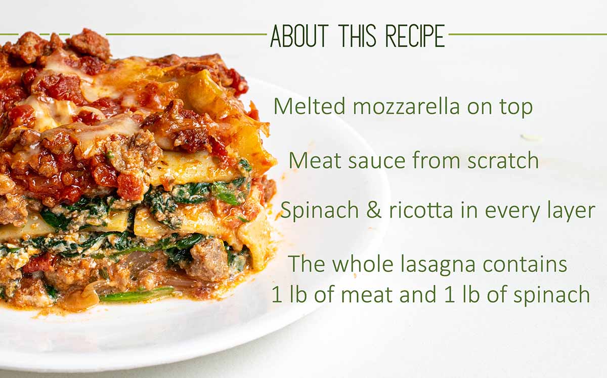 A serving of spinach lasagna with meat sauce and more information about the recipe, including that I use 1 pound of meat and one pound of spinach.