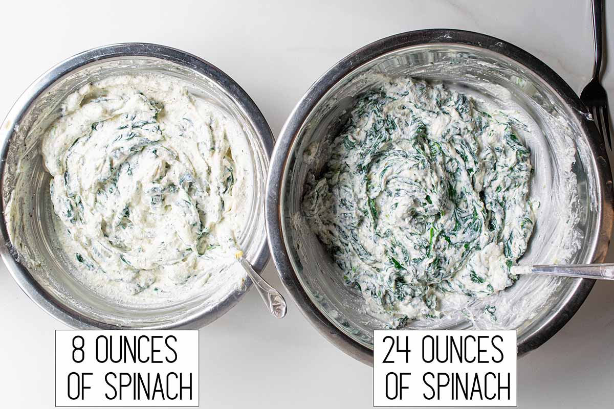 Two bowls to compare the amount of spinach used in the spinach ricotta filling for the batch of lasagna. 